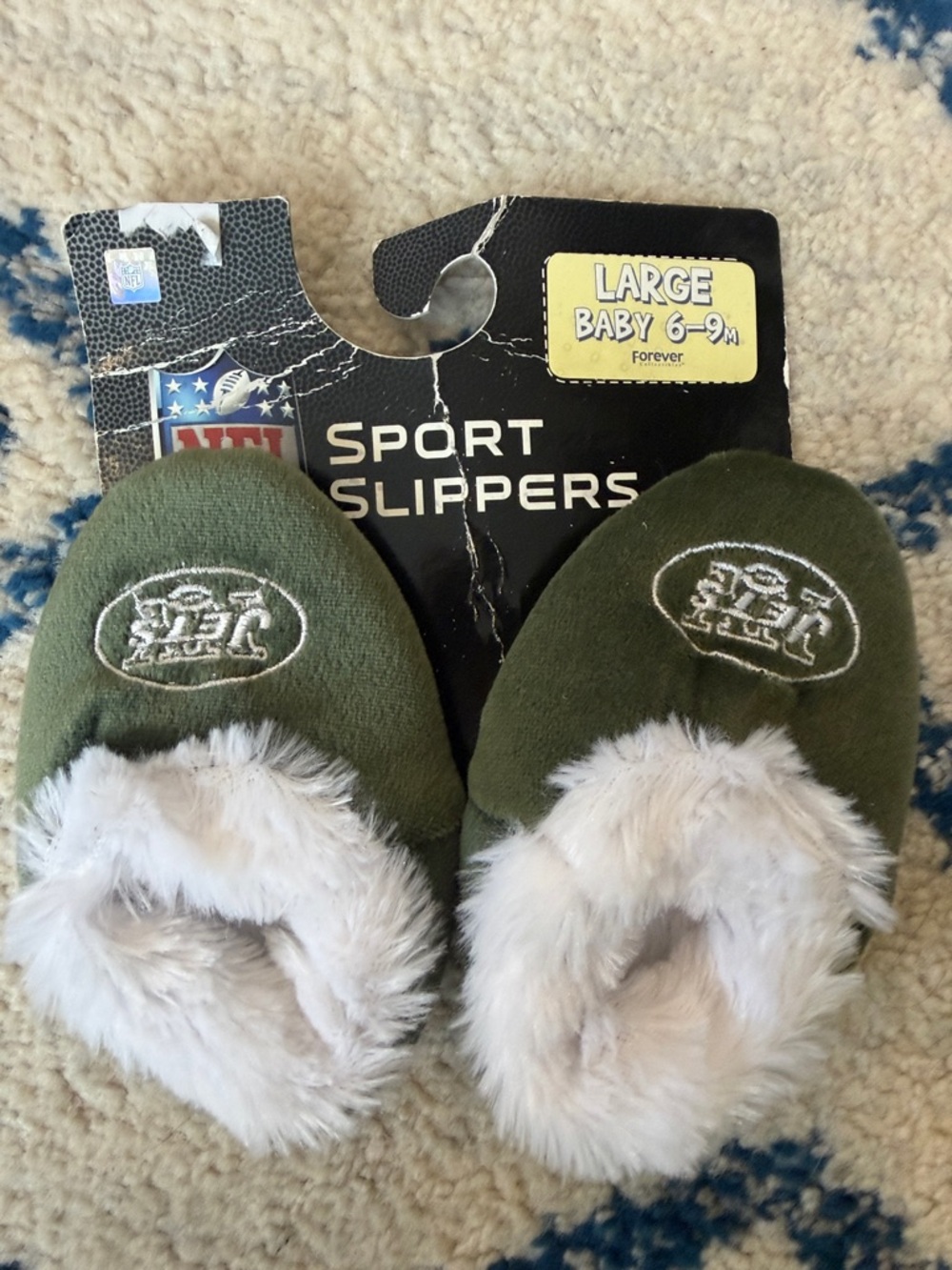 Baby Jets Slippers - Green Faux Fur Lined - Green and White